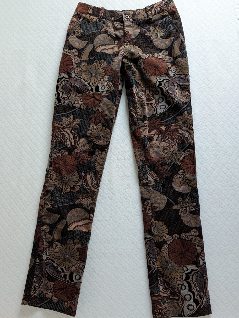 Fall Dark Floral Butterfly Corduroy Straight Leg Pants, size XS low rise Y2K